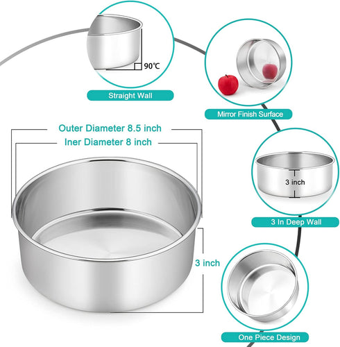 TeamFar Round Cake Pan, 8’’ x 3’’ Stainless Steel Deep Baking Pan for Birthday Party, Non-Toxic & Dishwasher Safe