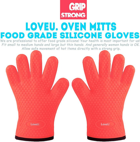 Kitchen Oven Gloves - Silicone and Cotton Double-Layer Heat Resistant Oven Mitts/BBQ Gloves/Grill Gloves - Perfect for Baking and Grilling - 1 Pair (One Size Fits Most, Red) by Loveuing