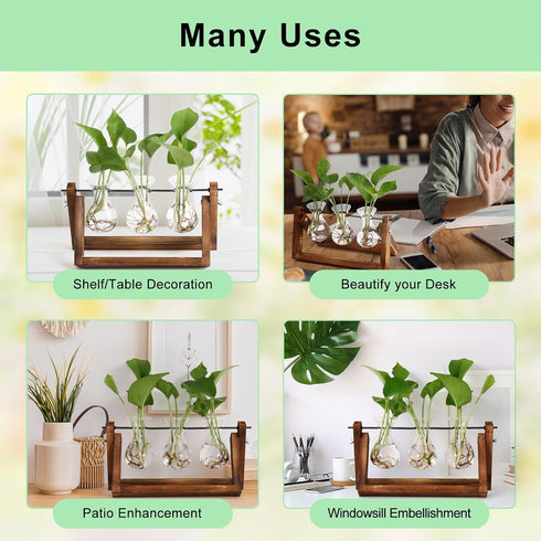 3 Bulb YIBOT Propagation Stations,Plant Terrarium with Retro Wooden Stand, Unique Gardening Birthday Gifts for Women