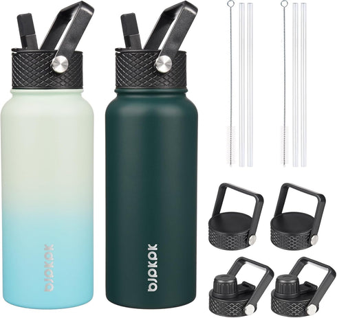 BJPKPK 2 Pack Insulated Water Bottles with Straw Lids, 32oz Stainless Steel Leak Proof Thermos
