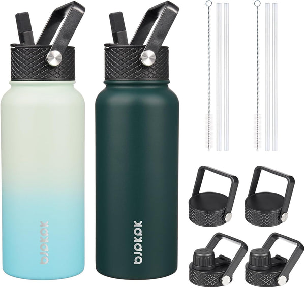 BJPKPK 2 Pack Insulated Water Bottles with Straw Lids, 32oz Stainless Steel Leak Proof Thermos