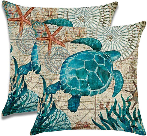 7COLORROOM 2pack Sea Turtle Pillow Cases, Ocean Theme Decorative Throw Pillow Covers 18 18