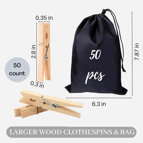 Clothes Pins, 50 Pack, 2.9 in Natural Birchwood, Rust and Moisture Resistant Clothespins with Storage Bag for Hanging