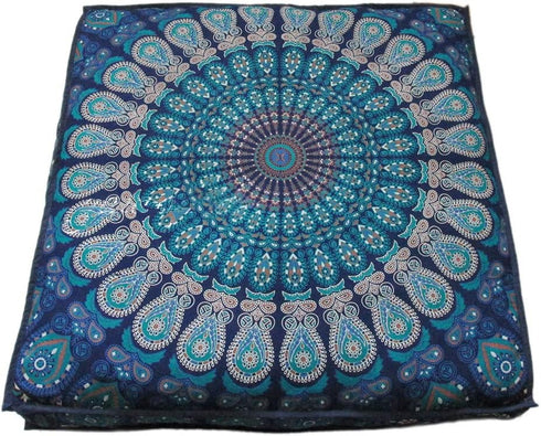 24" 24" INDIAN CRAFT CASTLE Blue Peacock Mandala Barmeri Large Floor Pillow Cover Cushion Meditation Seating Ottoman
