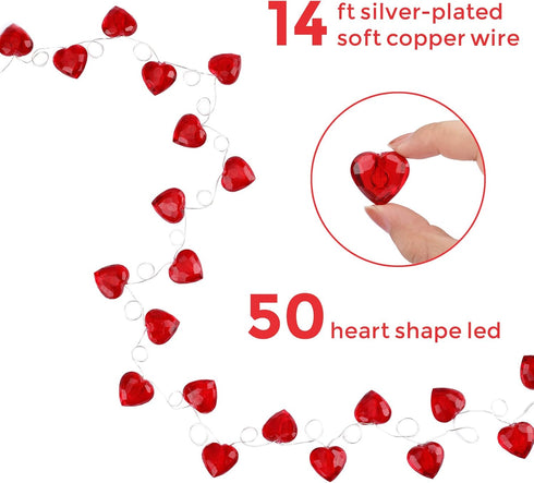 2 Pack 100LED 8 Valentines Day Decor, Total Modes Battery Operated w/Timer Diamond Cut Red Heart Twinkle Fairy String