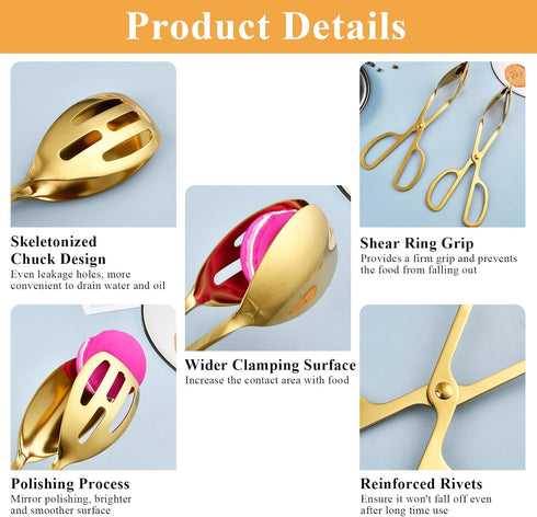 2 Pack Gold Salad Tongs, 10 Inch Stainless Steel Kitchen Tongs for Serving Food, Buffet Catering