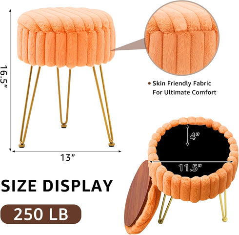 Wimarsbon Vanity Stool with Storage, Faux Fur Ottoman Chair with Metal Legs, Round Makeup Vanity Chair for Bedroom