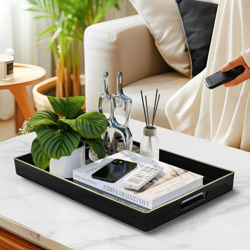 15.8 10.2 1.4" MAONAME Black Decorative Tray for Coffee Table, Modern Serving Tray with Handles, Plastic Rectangular