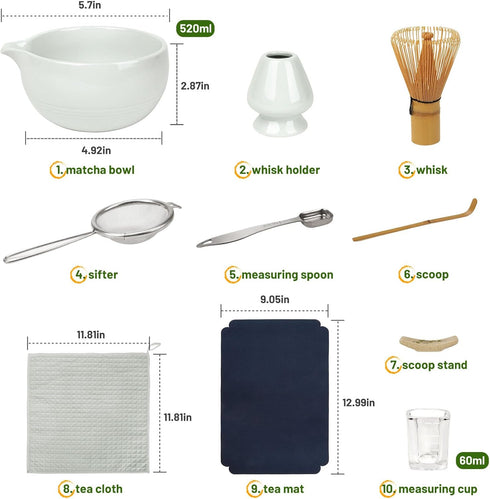 Set, 10-Pcs Joiish Matcha Whisk Matcha Kit, Bamboo Whisk and Bowl with Spout & Measuring Spoon & Cup, Japanese Macha