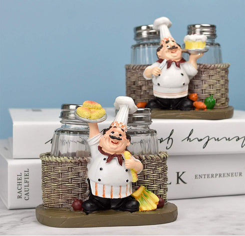 Salt and Pepper Shakers Set, Sitting Chef Decorative Statue Spice Organizer, Glass Spice Jars with Holder Gift for