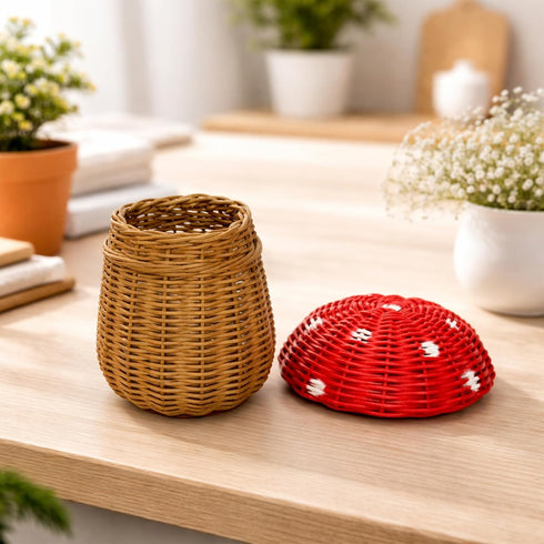 G6 COLLECTION Mini Mushroom Rattan Storage Basket With Lid Decorative Bin Home Decor Hand Woven Shelf Organizer Cute
