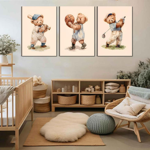 SFXYRTAH Decorations16x24in Teddy Bear Sports Nursery Animal Canvas Wall Art Cute Woodland Rugby Wall Decor Pictures
