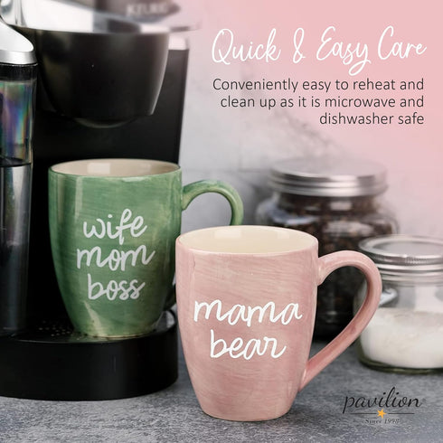 Pavilion Large Ceramic Coffee Mug with "Mama Bear" Design, Microwave & Dishwasher Compatible, Pink, 20 oz