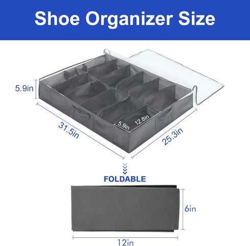 Surblue Under Bed Shoe Storage Organizer, Fits 24 Pairs of Shoes, Set of 2, Grey with Clear Cover