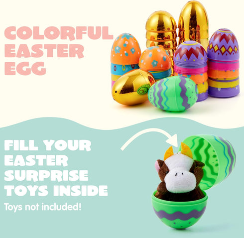 36 3.15" 8 JOYIN Pcs Colorful Printed Eggs Include Golden, Plastic Fillable Empty Eggs for Easter Hunt, Basket Stuffer