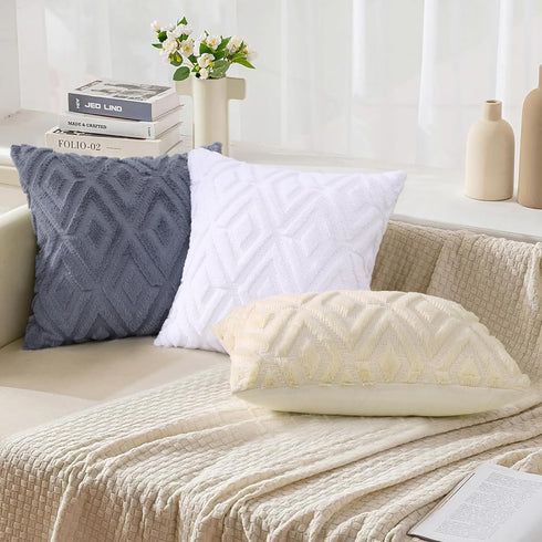 Soft Faux Fur Throw Pillow Covers, 12x20 Decorative Lumbar Covers, Set of 2 Pure White with 3D Diamond Pattern