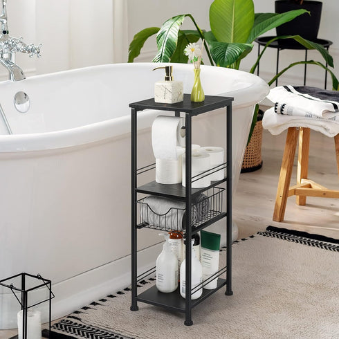 OYEAL Toilet Paper Storage Cabinet, Black Small Bathroom Side Shelf with Drawer for Bathroom, Laundry Room