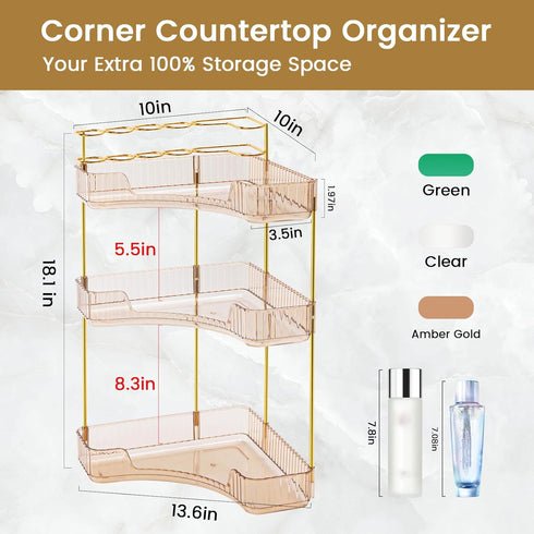 NATURE'S SOURCE Amber Gold Makeup Organizer, 3-Tier Corner Bathroom Countertop Storage with Makeup Brush Holder