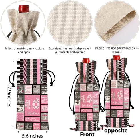 Funny 40th Birthday Gifts Women Men Wine Bag, Happy Anniversary 40th Birthday Party Decorations Man Woman Wine Bags, 40 Year Old Birthday Gifts for Women Wine Bottle Bag