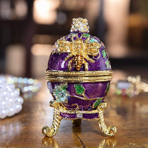 YU FENG Faberge Egg Trinket Boxes Hinged Crystal Jeweled Easter Egg Ornament Jewelry Ring Holder Box Hand-Painted Bee