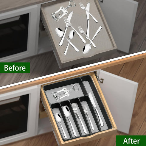 Silverware Organizer Plastic Tray for Kitchen Drawer, 6 Compartment Utensil Organizer in Black