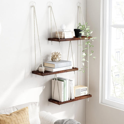 3 Fixwal Hanging Shelves for Wall, Tier Boho Wall Decor Hanging Plant Shelf Floating Shelves Rope Rustic Wood Organizer