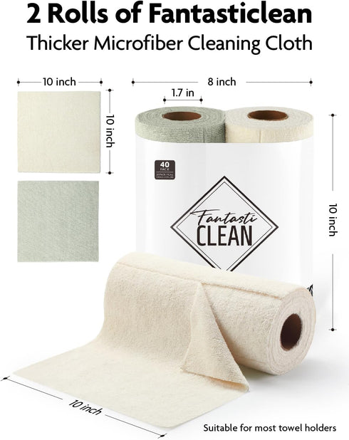 Tear-away Dish Cloth - 40 Sheets (10'' by 10''), Reusable Washable Kitchen Towel Rolls, Super Absorbent Microfiber