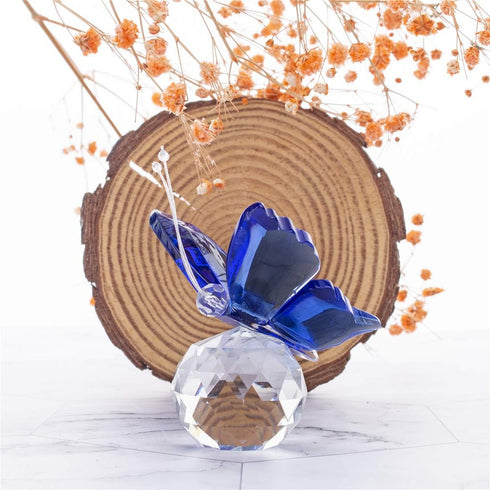 H&D Crystal Flying Butterfly Figurine with Crystal Ball Base, Cut Glass Ornament, Collectible (Blue)