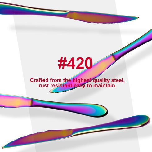 Ultra-Sharp Multi-color Serrated Steak Knives Set, 6-Piece Stainless Steel Cutlery, Dishwasher Safe (Rainbow)