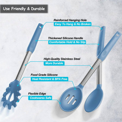 Silicone Spatula and Cooking Spoon Set - 5 Pack with Solid & Slotted Spoons, Heat Resistant, Starry Blue
