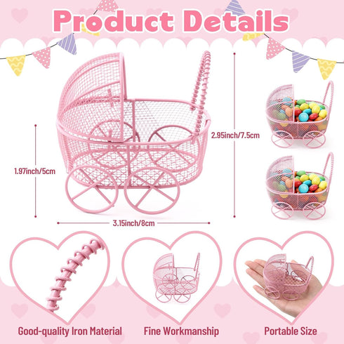 Threehoney 24 Pcs Baby Shower Mini Carriage Decoration Pink Metal Wired Fillable Candy Stroller Baby Shower Table