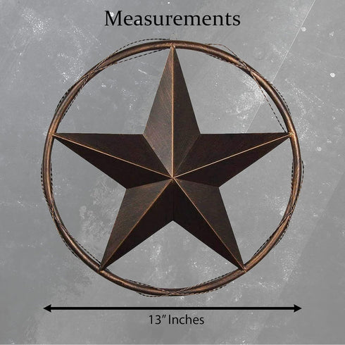 Urbalabs 13 Metal Barn Star Wall Decor, Rustic Texas Lone Star Bronze Brown Finish, Cast Wire Rope Circle Ring for