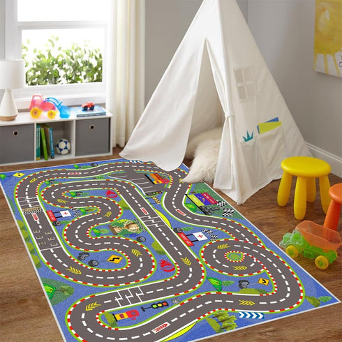 4731 3D Kids Rug, Race Track Playmat Rugs in Kids Carpet with Rubber Backing, Start and Finish line Racing Track