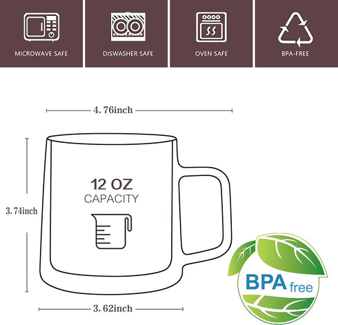 12oz Bag,Set 4 CNGLASS Glass Coffee Mugs,Double Wall Insulated Glass Cups with Handle,Clear Espresso Mugs