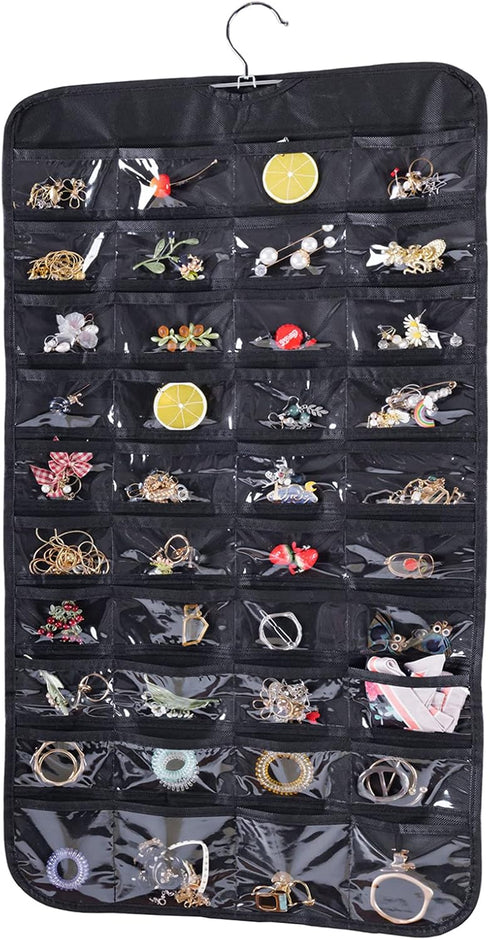Cemueo Hanging Jewelry Organizer, Double Sided 80 Pocket Jewelry Storage Bag, 2 Layer Fabric Holder for Necklace,