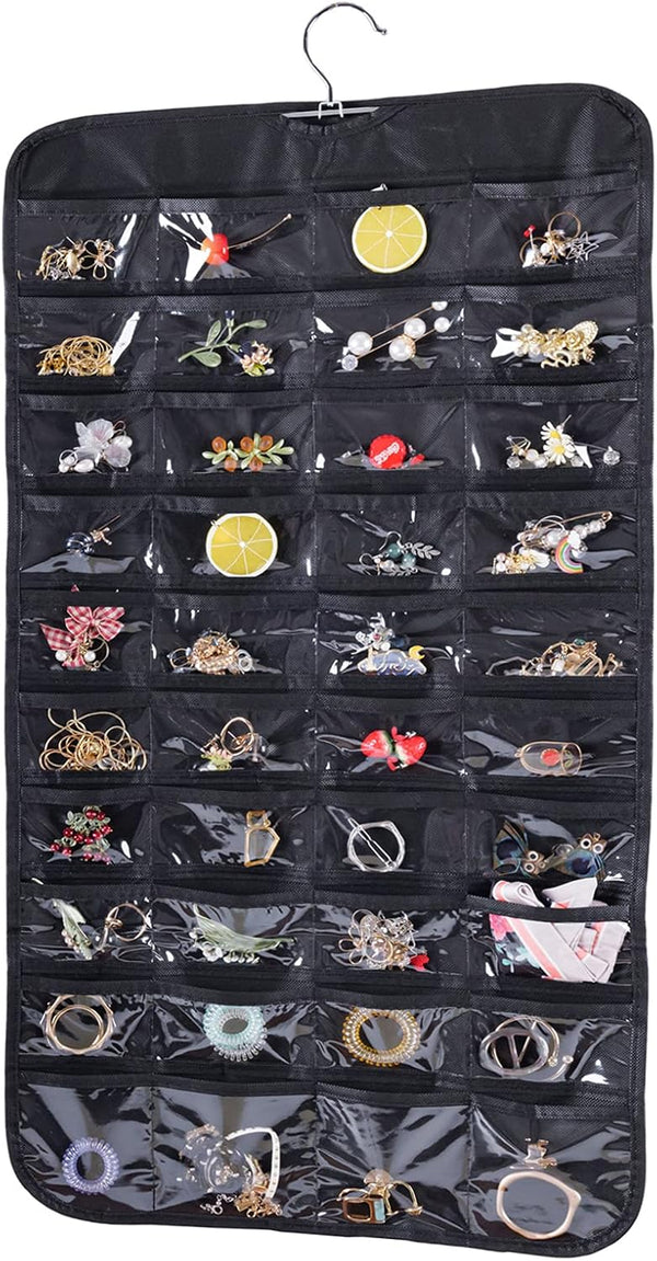 Cemueo Hanging Jewelry Organizer, Double Sided 80 Pocket Jewelry Storage Bag, 2 Layer Fabric Holder for Necklace,