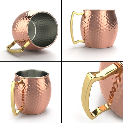 Hammered Moscow Mule Copper Mug Set of 4, Stainless Steel Lining, 16 oz