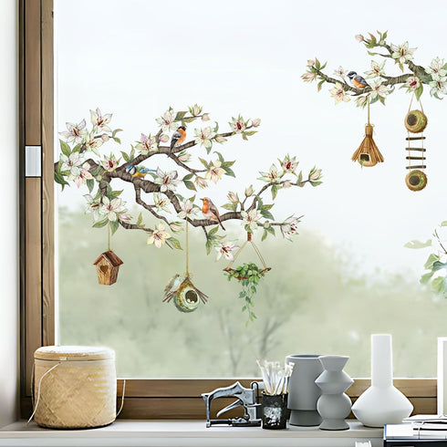 Spring Birds Flower Branches Window Clings Hanging Bird House Green Leaves Window Decals Anti Collision Double-Side Static Window Stickers for Home Window Glass Door Decoration