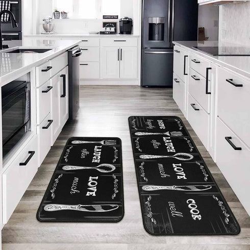Set 2 17"x47"+17"x30" Black Kitchen Rug PCS | Non-Slip Waterproof Stain-Resistant Floor Mats | Farmhouse Style Mats
