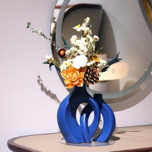 Set 2 Blue Ceramic Vase for Modern Home Decor, Matte Snuggle Hollow Flower Vase of for Table Centerpiece Office