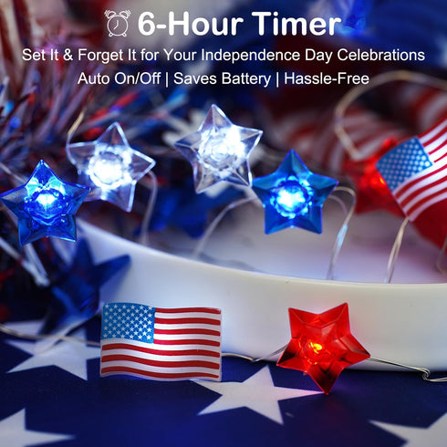 Libreath 4th 13FT 40LED of July Decorations Red White and Blue Star American Flag Lights Fairy String Lights Battery