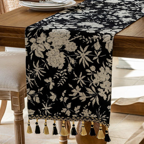 13 82 Inch Floral Jacquard Dining Table Runner with Fringe Elegant Natural End Table Runner for Graden Kitchen