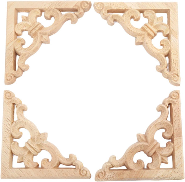 MUXSAM 4Pcs Wood Carved Appliques Onlays - Unpainted Wooden Corner Carvings for Wall Door Mirror Cabinet Decor,