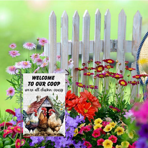 Welcome To Our Coop Chicken Garden Flag, 12x18 Inch Double Sided Rustic Rooster Yard Flag