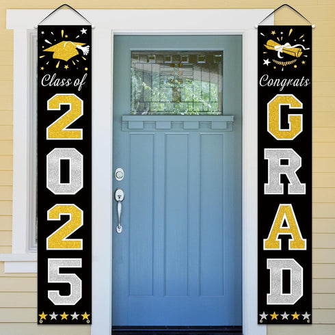 DAZONGE 2025 Graduation Decorations, Black & Gold Class of Porch Banners for Any Schools or Grades Party Supplies