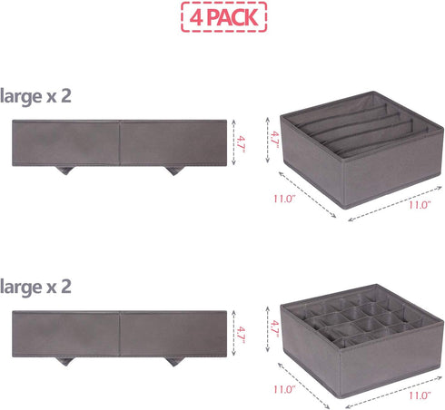 DIOMMELL 4 Pack Foldable Cloth Storage Box Closet Dresser Drawer Organizer Fabric Baskets Bins Containers Divider for Clothes Underwear Bras Socks Lingerie Clothing, M Grey 22-0000 by DIOMMELL