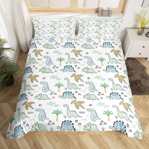 Set Set 1 Kids Dinosaur Duvet Cover,Cute Cartoon Dino Animal Bedding Watercolor Cloud Jungle Trees Comforter Cover(No