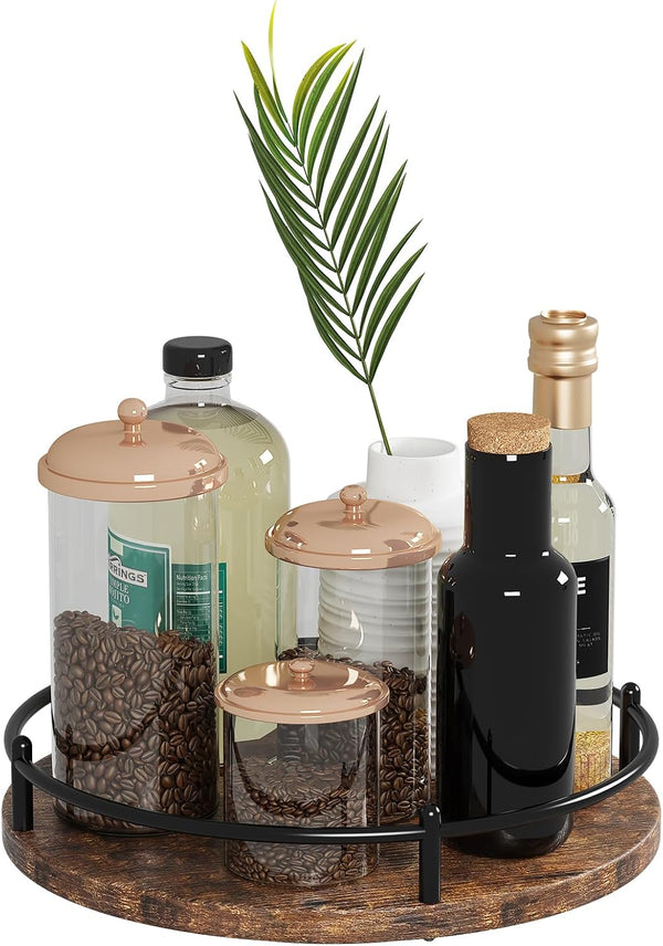 Lazy Susan Organizer, 9 Inch Rotating Spice Rack for Kitchen Countertop, Round Wooden Turntable Holder (Black)