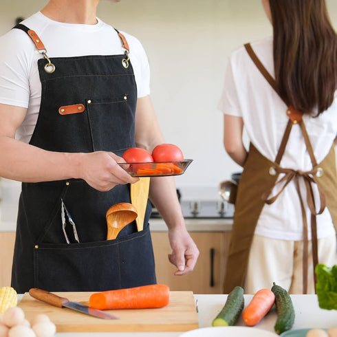 Chef Apron Canvas for Men, Work Apron with Large Pockets - 16oz Heavy Duty Cross Back, BBQ, Cooking