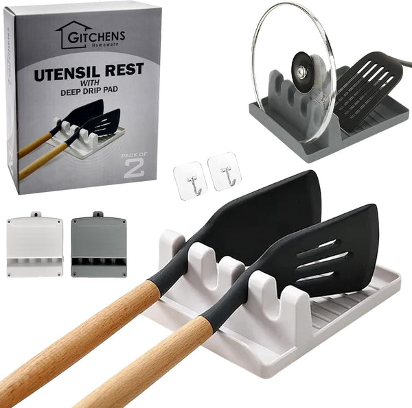 Premium Utensil and Spoon Rest with Deep Drip Pad and Pot Lid Holder | 2 Pack Cooking Stand for Clean Kitchen (White